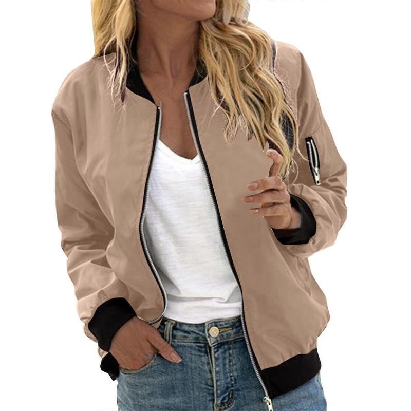 Bomber jacket for women, floral pattern, lightweight, zipper, short, khaki