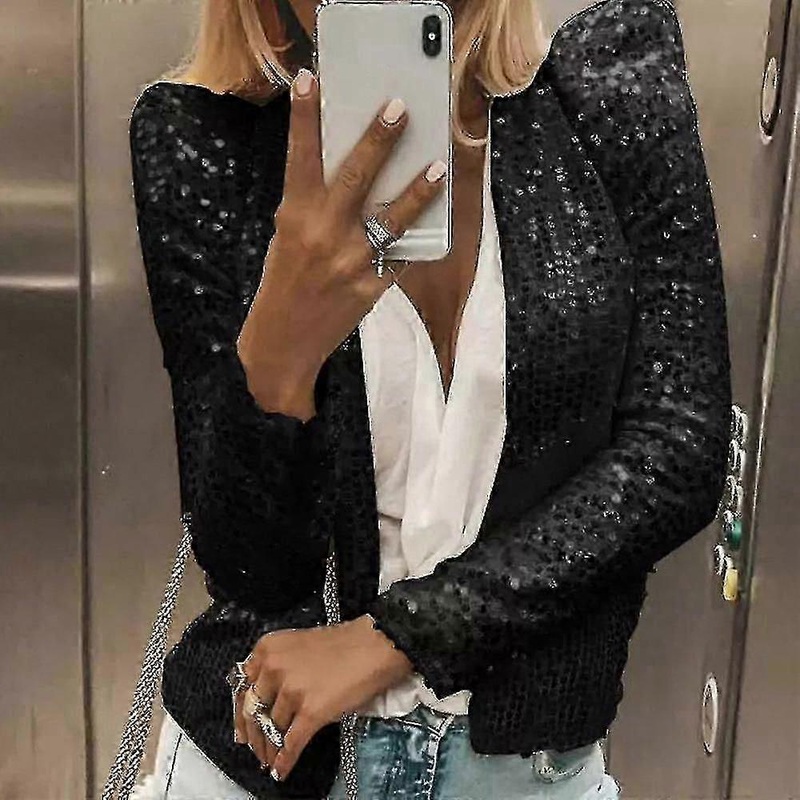 Women’s Cardigan Long Sleeve Shiny Sequin Coat Open Front Casual Female Jacket