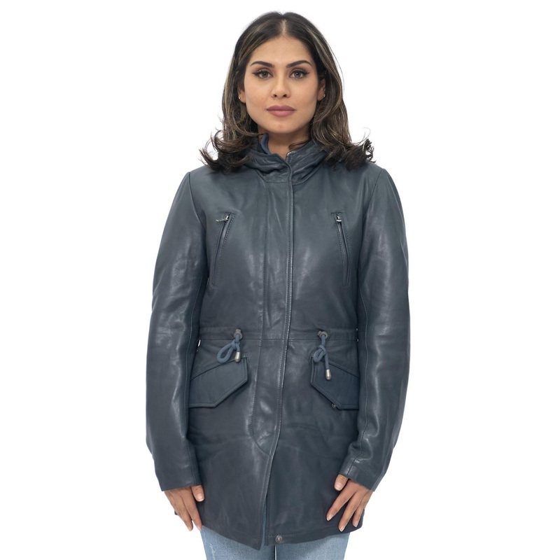Womens Navy Leather Hooded Mid Length Parka Jacket