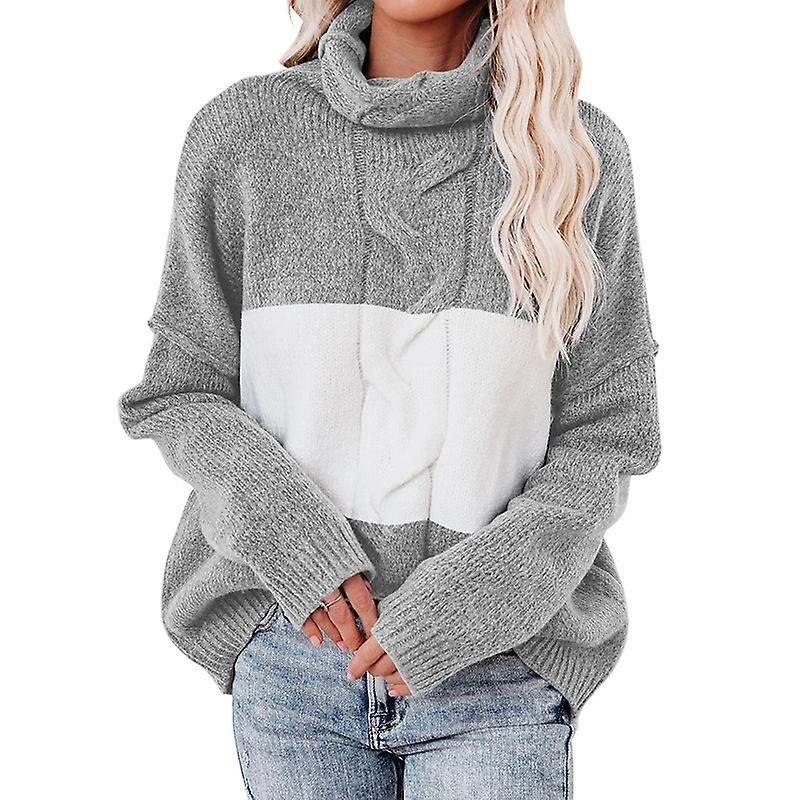 Womens Casual Sweater Pullover Winter Cozy Long Sleeve Turtleneck Jumpers Color Block Knit Pullover Top Loose Fit