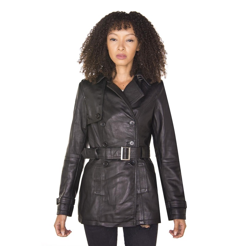 Womens Black Nappa Leather Mid Length Trench Coat