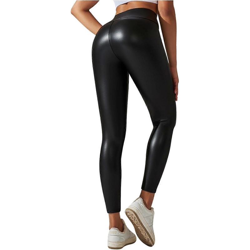 Faux Leather High Waisted Stretchy Leggings for Women, PU Leather Tights Pants in Black, Size Small to XL