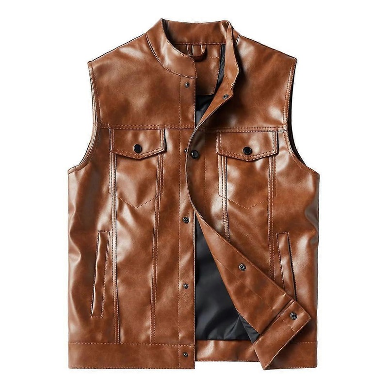 Classic men’s leather vest with multiple pockets, solid color, sleeveless,  jacket, riding, biker vest, earth brown, XL.