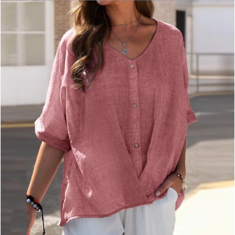 2022 Women’s Cotton Linen V-neck Pullover Short Sleeve Loose Shirt Casual Top