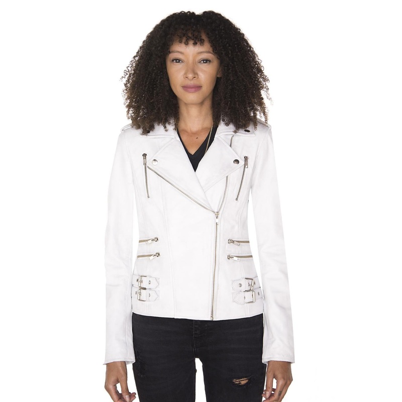 Womens White Classic Leather Vintage Brando Biker Jacket