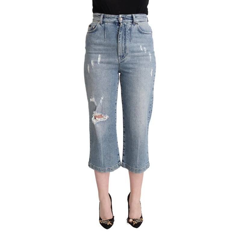 Dolce & Gabbana Blue Tattered Cotton Denim Capri Cropped Jeans