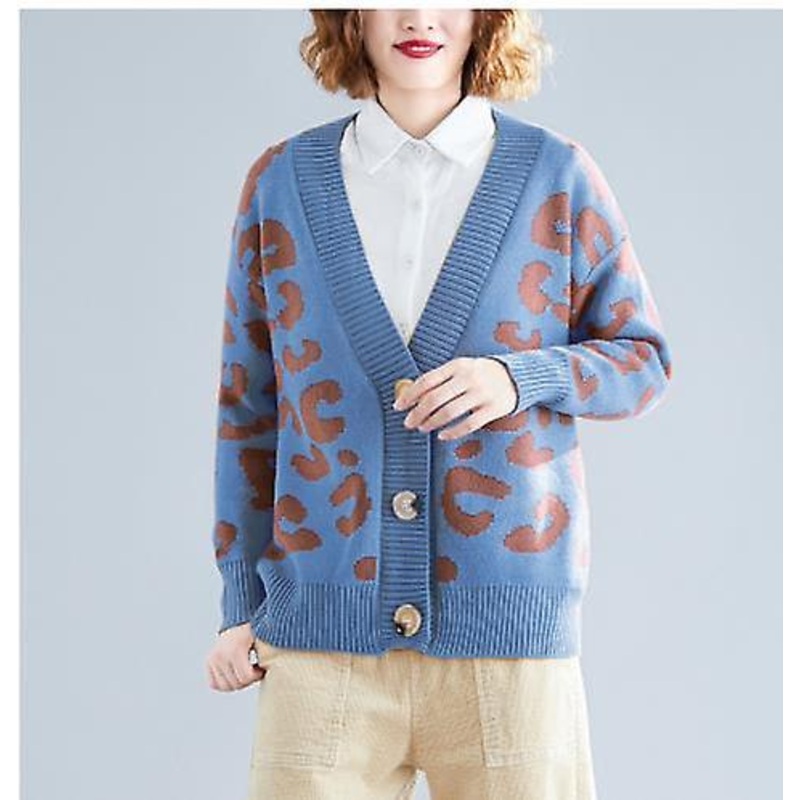 Women’s Sweater High Quality Leopard Pattern Knitted Cardigan 2023 Autumn And Winter Women’s Loose Long-sleeved V-neck Knitted Jacket
