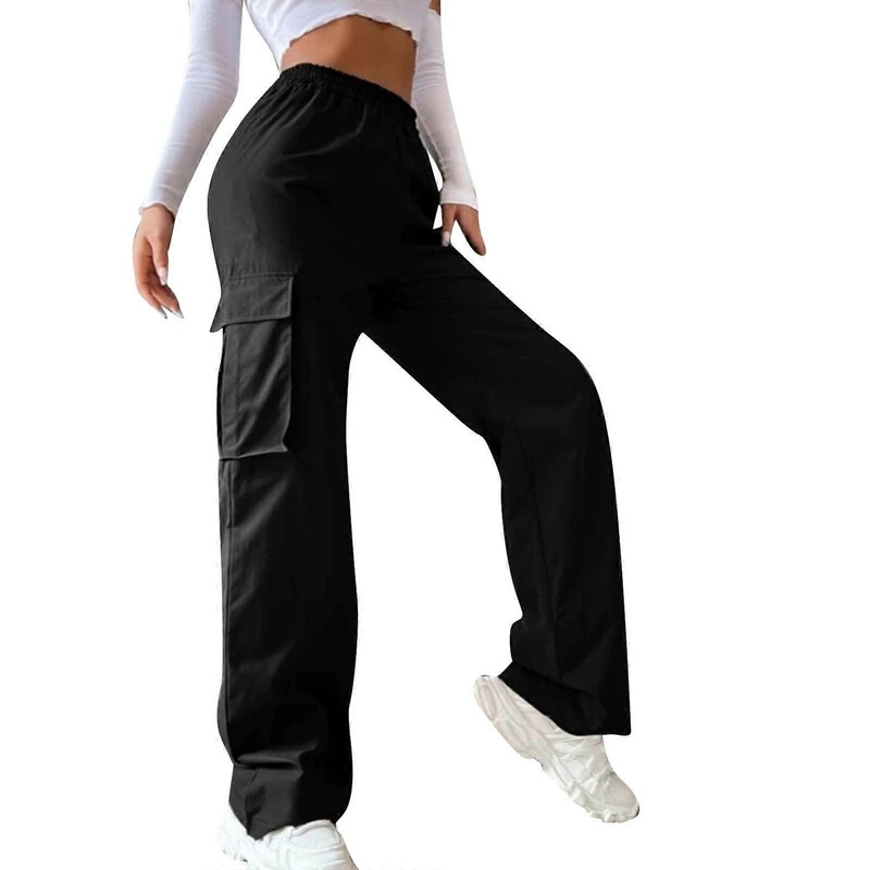Women’s Cargo Pants Wide Leg Stretch  Waist Casual Black Size M