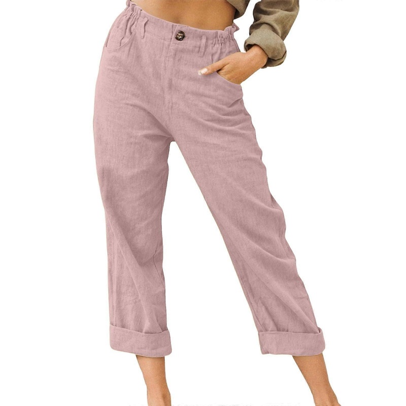 Summer Trousers Women’s Lightweight Linen 7/8 Wide Beach Cotton Jogging Airy Leisure Elegant Casual Work O Rosa 3XL