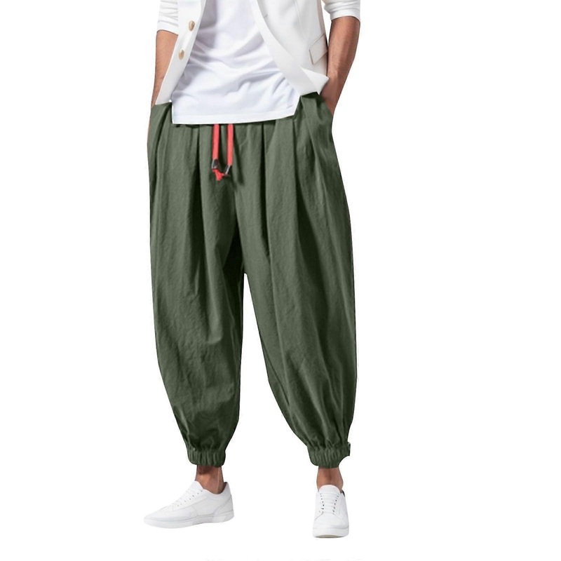 Harem Pants Men Linen Japanese Style Breathable Baggy Trousers Elastic Waist Summer Yoga Pants Army Green XL