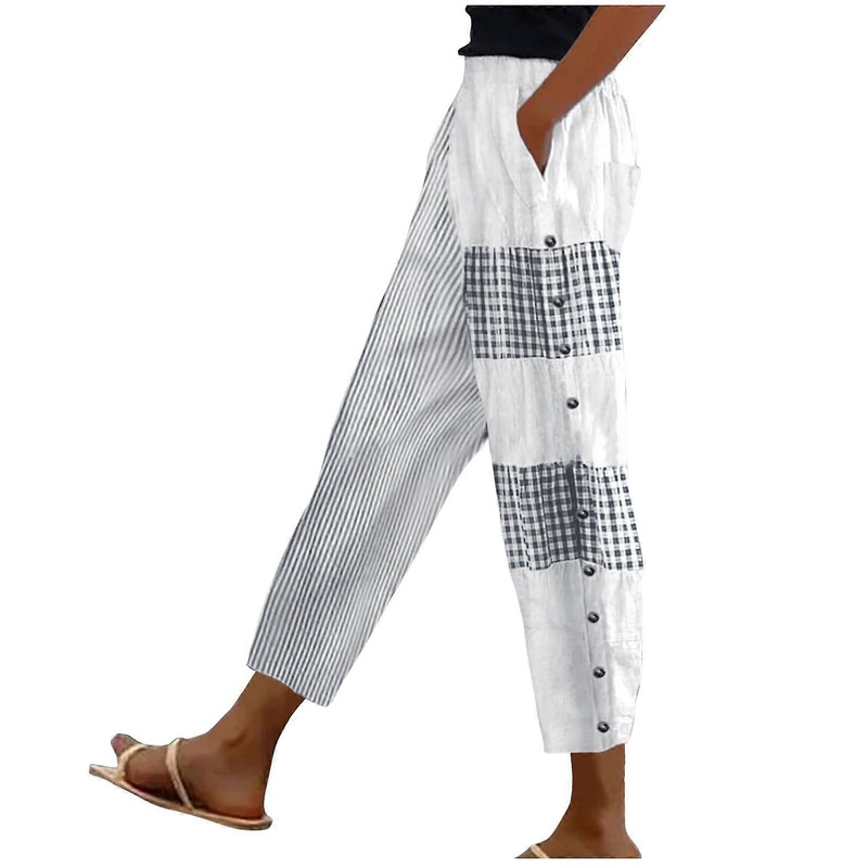 Women’s Linen Pants Summer Checked Striped Patchwork Print Cropped Side Button