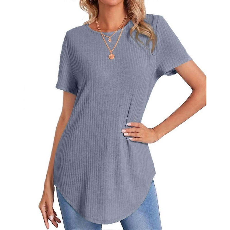 Womens Ribbed Knit Solid Blouse Swing Loose Fit Round Hem Tunic Tees Crewneck Short Sleeve Shirts Gray