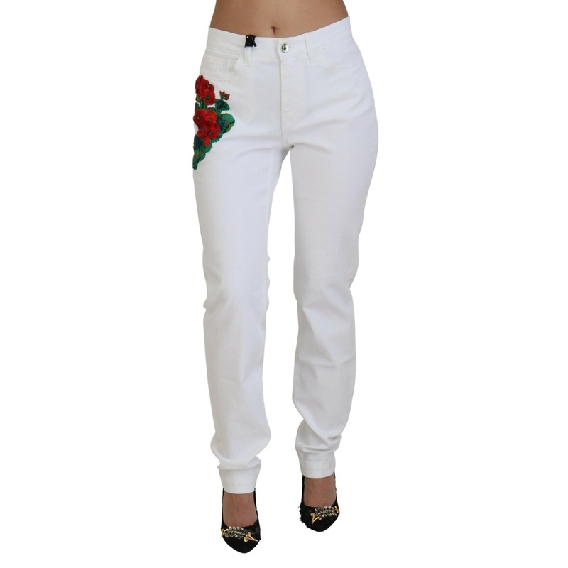 White Floral Embroidery Skinny Denim Jeans
