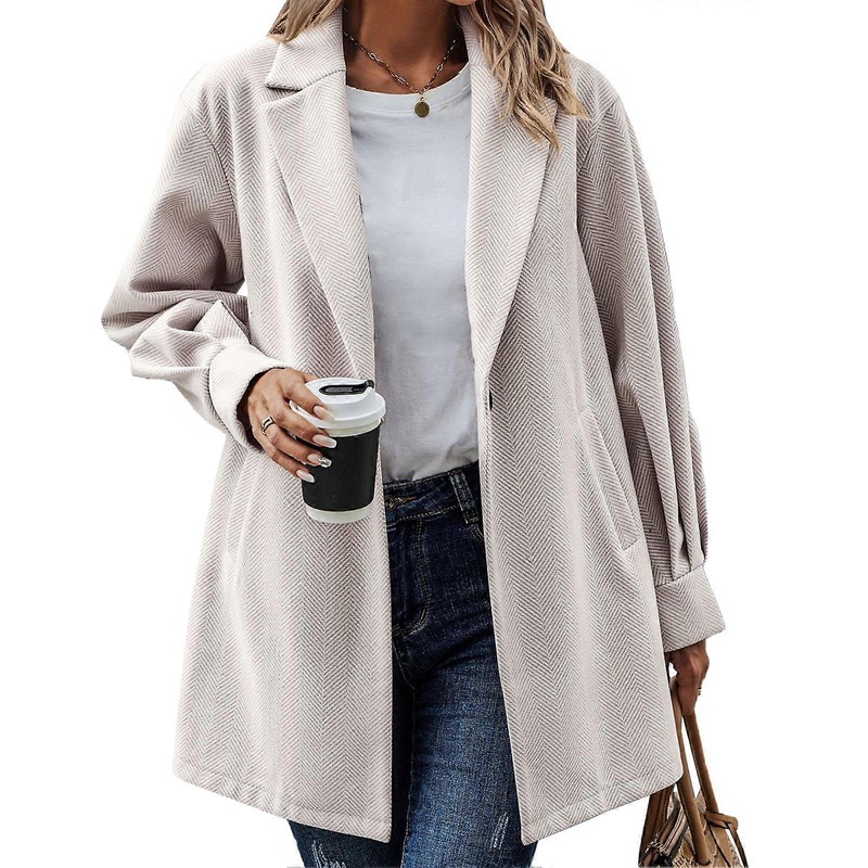 Woman Leisure Suit Coat Turn Down Collar One Button Lantern Sleeve Pockets Long Sleeve Fashion for Autumn Winter Coat Apricot