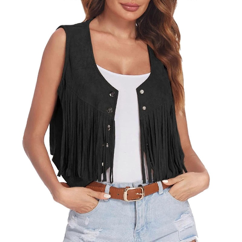 2025 Fransenweste Damen Faux Suede Vintage Vest Open-Front Boho Western Jacket Sleeveless Fluffy Black XL