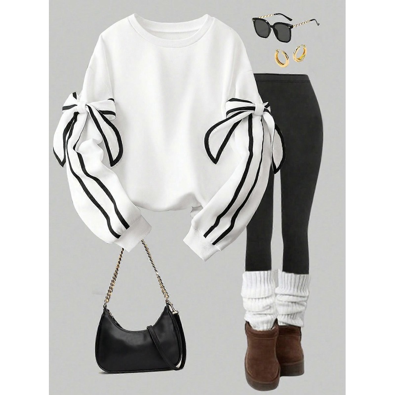 Women’s Casual Crew Neck Long Sleeve Sweatshirt With Bow Decor, Autumn/Winter