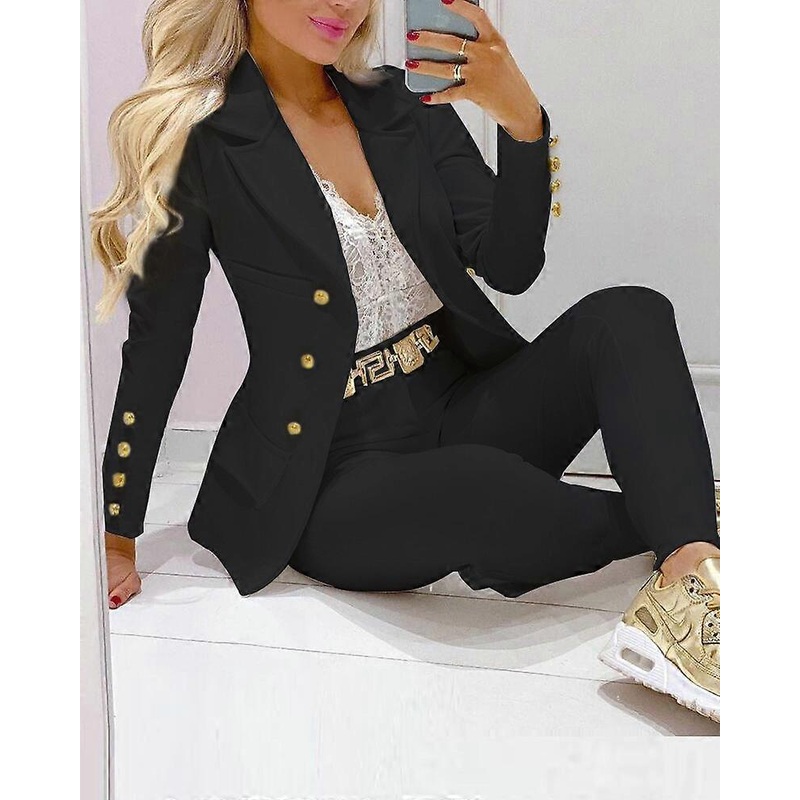 2-piece women’s single-breasted solid color small suit high waist pants casual suit