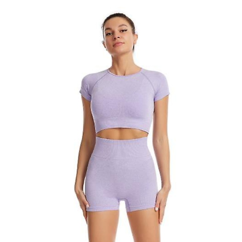 Yoga Clothes Women’s Shorts Vest Sports Suit Women’s Casual Short Sleeve Shorts Sports Suit Summer Solid Color Stretch Fitness Wear