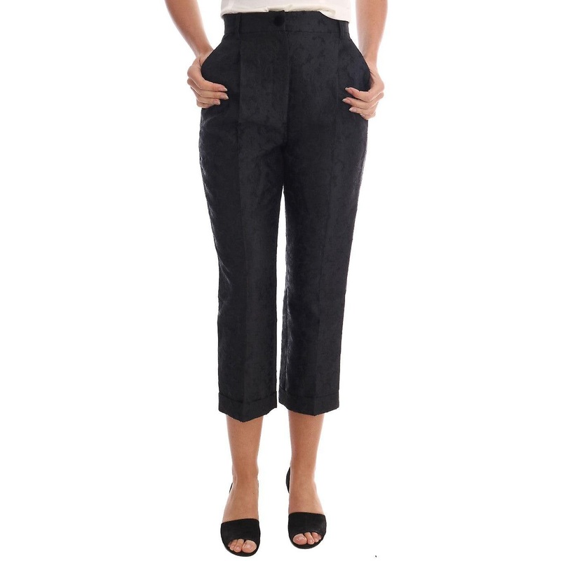 Black Floral Brocade Capri Pants
