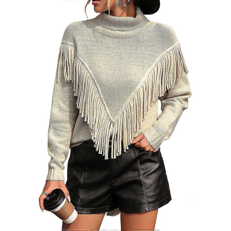 Women’s Sweater Turtleneck Fringe Sweater Tops Long Sleeve Knit High Neck Pullover