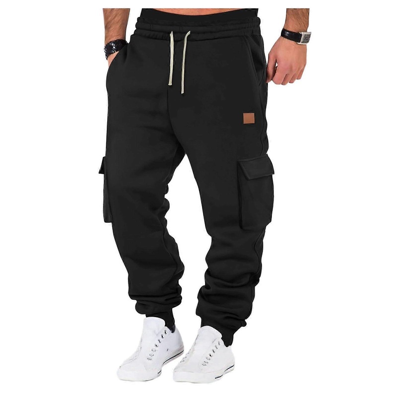 Cargo Pants for Men, Black Cotton Chino Joggers, Casual Military Style with Multiple Pockets and Waistband Adjustable