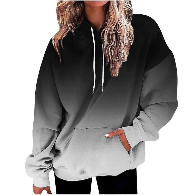 Womens Ombre Hoodies Plus Size Long Sleeve Hooded Sweatshirt Trendy Pullover in Black for Casual Wear