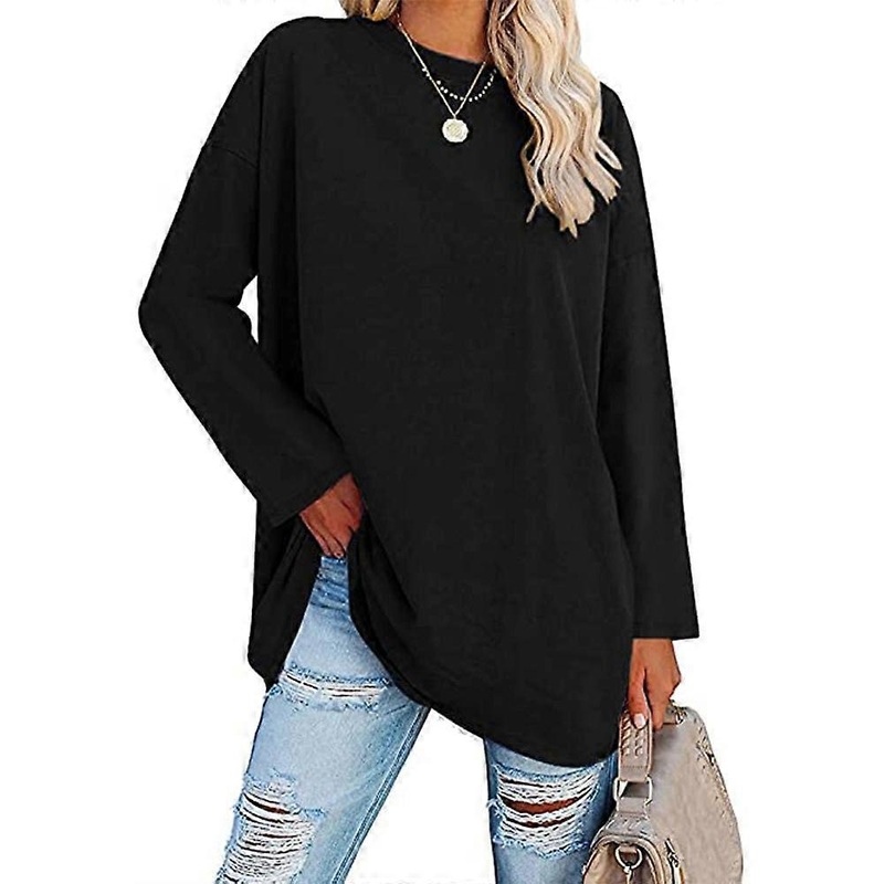 Womens Oversized T Shirts V Neck Long Sleeve Baggy Tees Cotton Blend Loose Fit Tops Solid Color Cozy Tunic Black