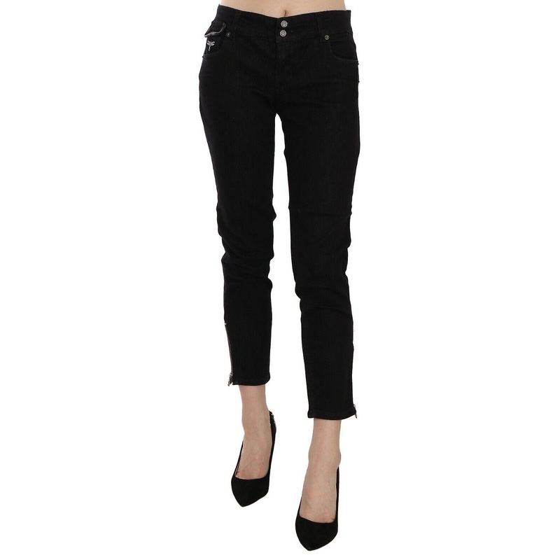 Black Mid Waist Cropped Cut Hem Denim Casual Pants