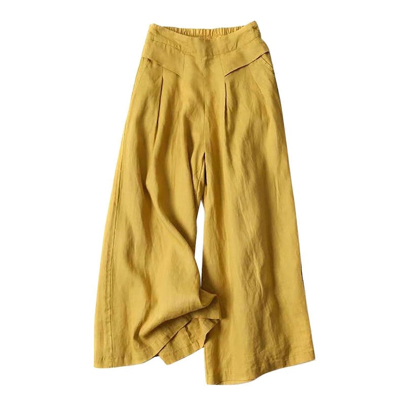 Women’s 3/4 Linen Pants  Waist Summer Lightweight Oversized Wide Leg A01 Yellow M