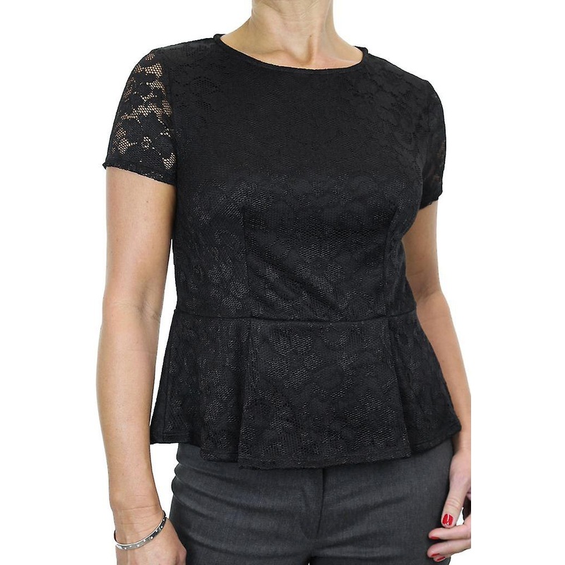 Women’s Elegant Short Sleeve Slim Stretch Lace Peplum Top Fully Lined Smart Evening Office Workwear Black 8-14