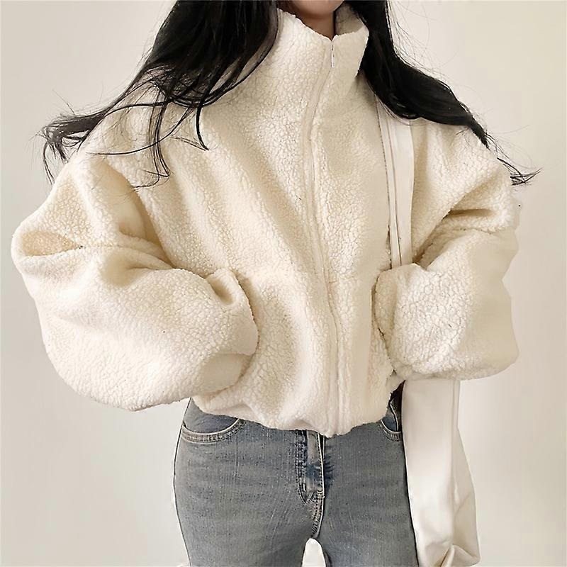 Stand Collar Short Zipper Coat For Women – Loose Lamb Fleece Zipper Jacket For Autumn Winter, Casual Warm Outerwear