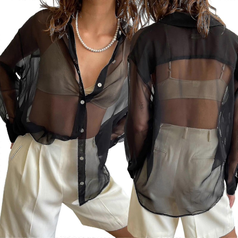 Women’s Sheer Loose Shirt, Ladies Casual Lapel Collar Long Sleeve Button Down Blouse