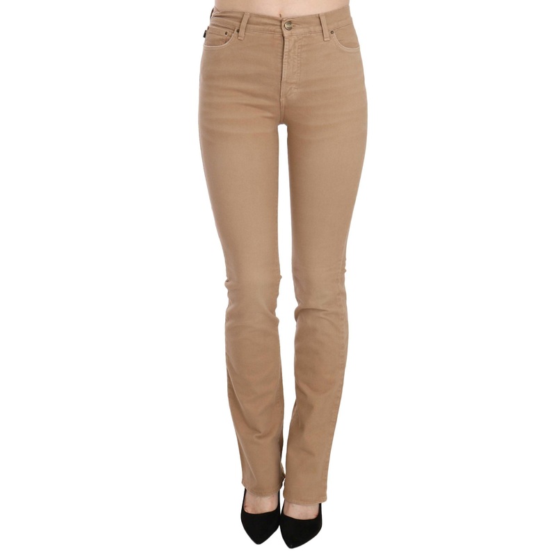Brown Cotton Stretch Mid Waist Skinny Trousers Pants