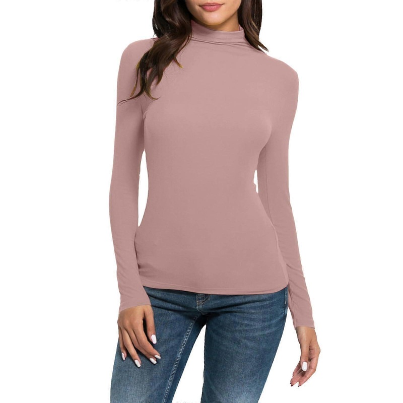 Women’s Casual Long Sleeve Turtleneck T-Shirt in Tech Rose, Slim Fit, Stretchy, Available in XXL