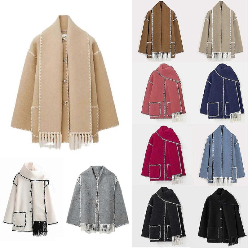 Elevate Your Winter Style With Women’s Patchwork Wool Blend Coat – Featuring Button Detail, Fringed Scarf, And Chic Design