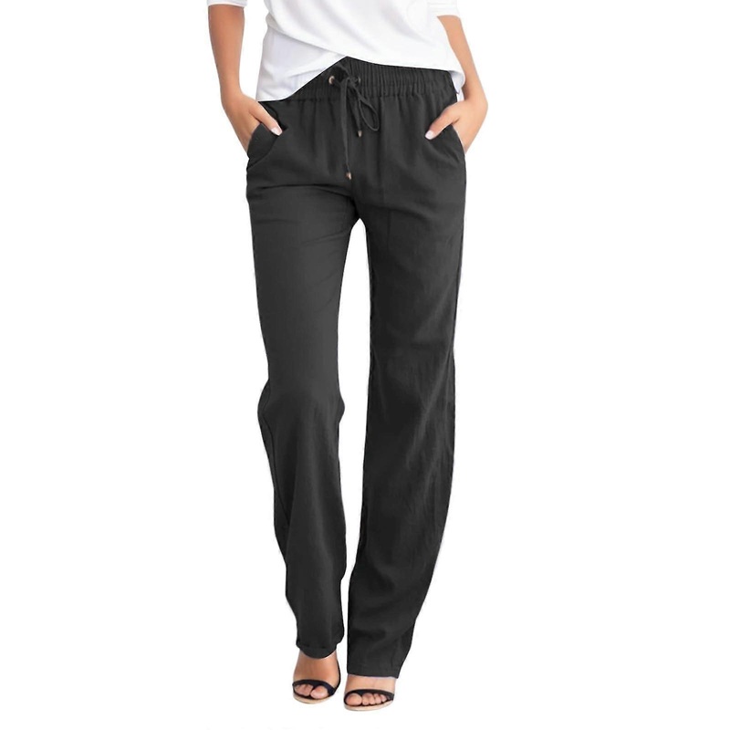 Women’s Linen Summer Trousers Casual Lightweight Cotton Blend Beach Pants with Pockets, Comfortable Airy Fit, Black XL