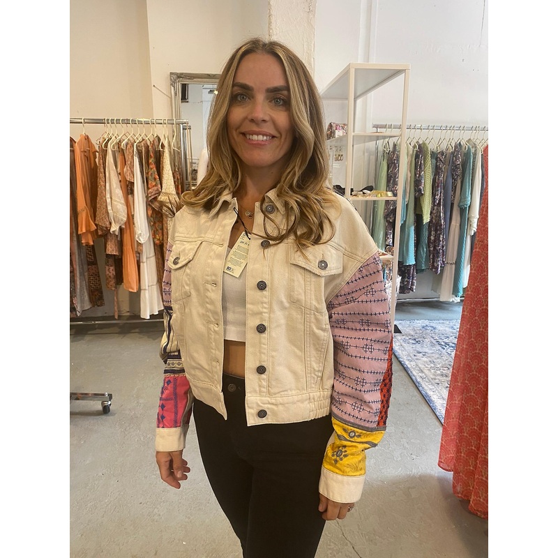 Desigual Julie Cream Short Denim Jacket with Colourful Patchwork Arms and Back 24SWED02