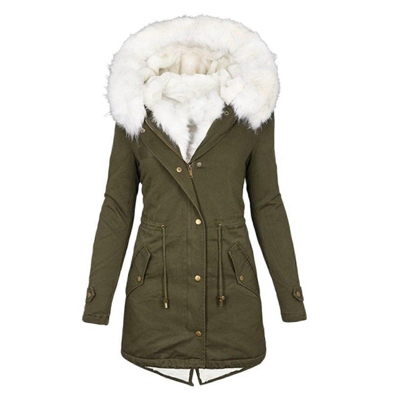 Winter women’s long windbreaker parka warm and fashionable plus size down jacket wool hooded windbreaker Farmy Green S