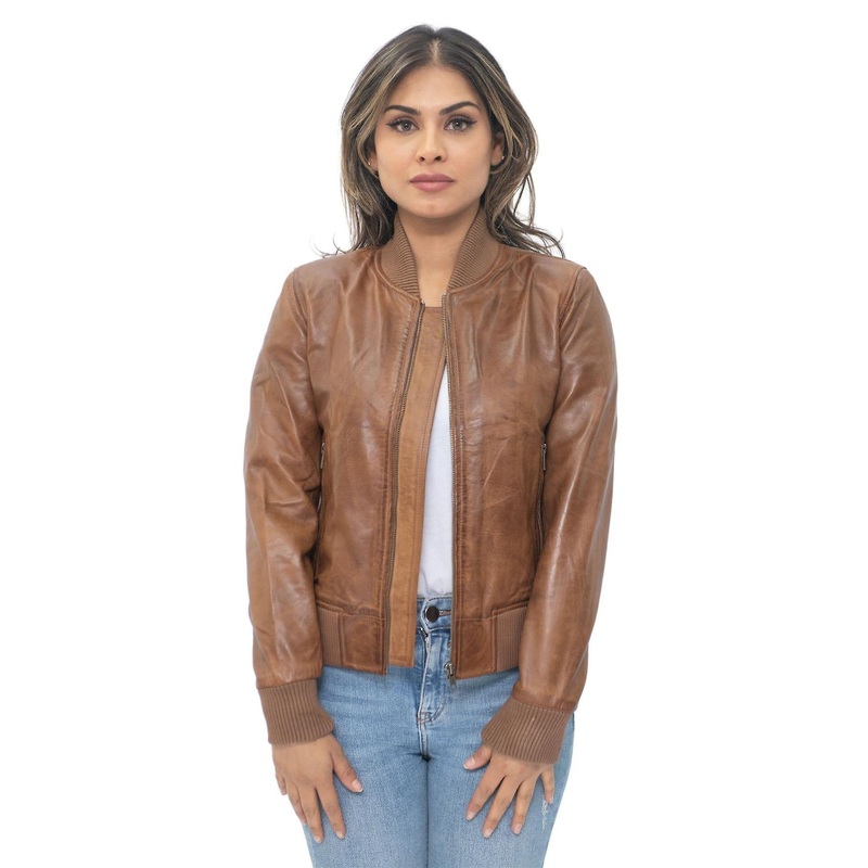 Womens Tan Classic Nappa MA-1 Leather Bomber Jacket