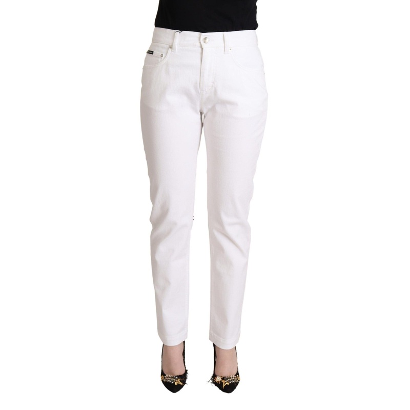 Dolce & Gabbana White Cotton Mid Waist Denim Tapered Jeans