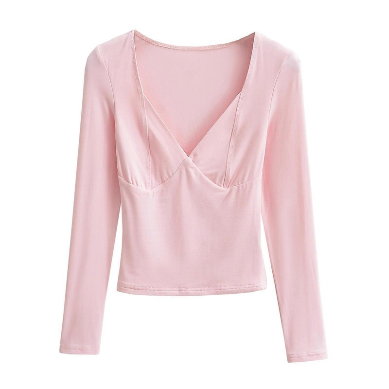 Women’s Long Sleeve V Neck T Shirts Double Lined Crop Top Seamed Cup Going Out Tops