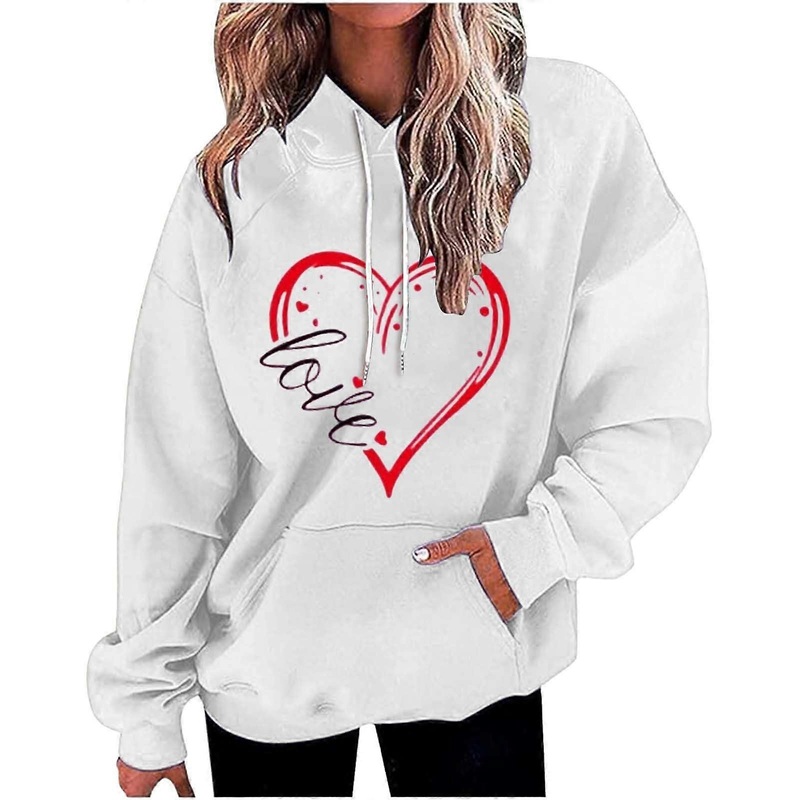 Women’s Pullover Hoodies Tops  Valentine’s Day Sweatshirt Cute Heart Print Pullover Crew Neck Long Sleeve Shirt for Spring/Autumn White XL