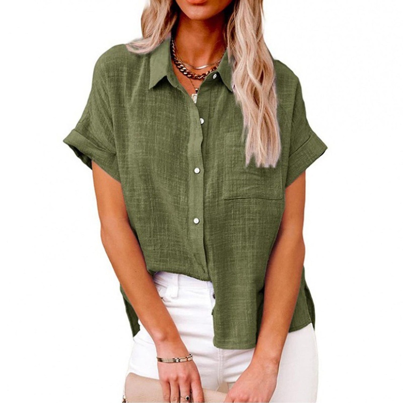 Womens Cotton Linen Button Down Color Block Short Sleeve Shirts Casual V Neck Collared Loose Fit Sum
