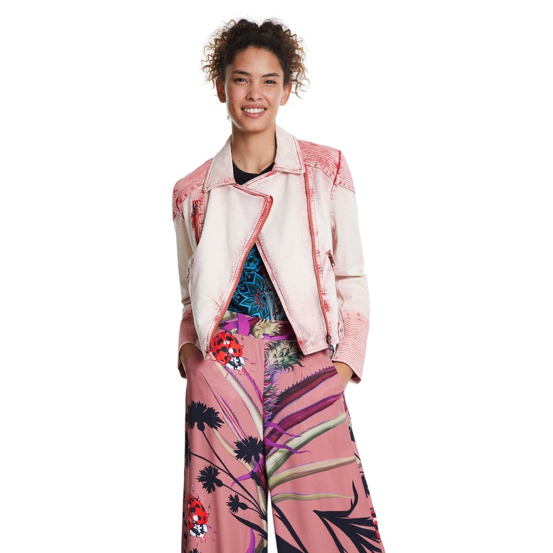 Desigual Women’s Plate Denim Biker Jacket Cool Distressed Look