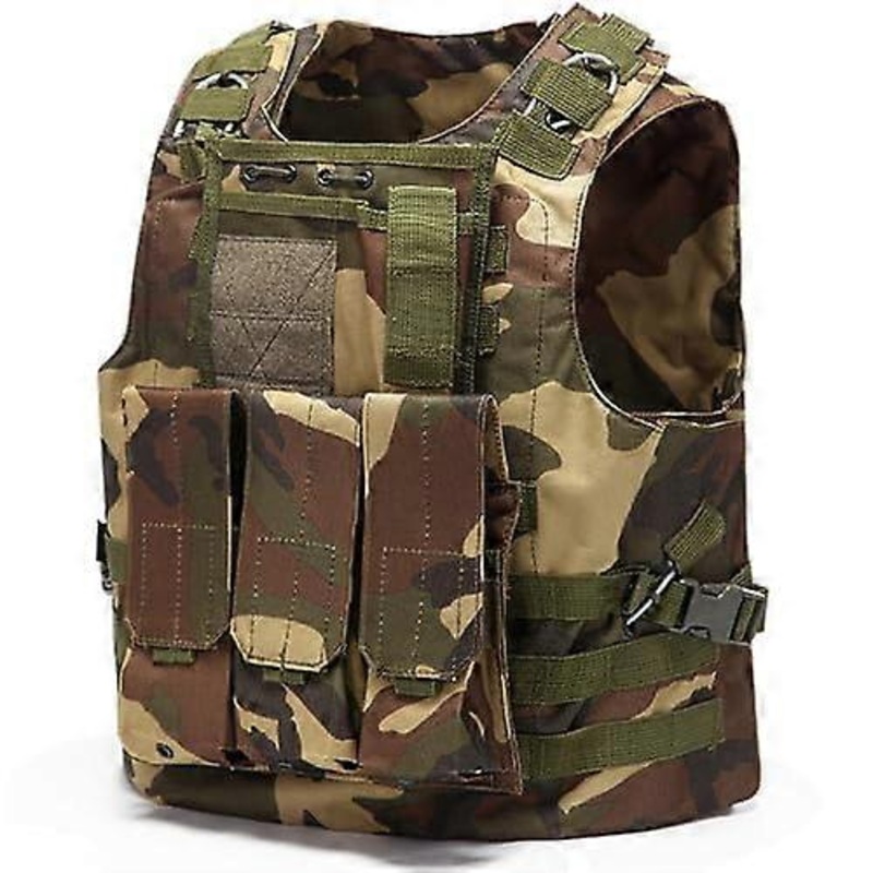 Paintball Vest Tactical Molle Vest with Pockets Woodland Camo Adjustable Size Durable Material for Outdoor Use