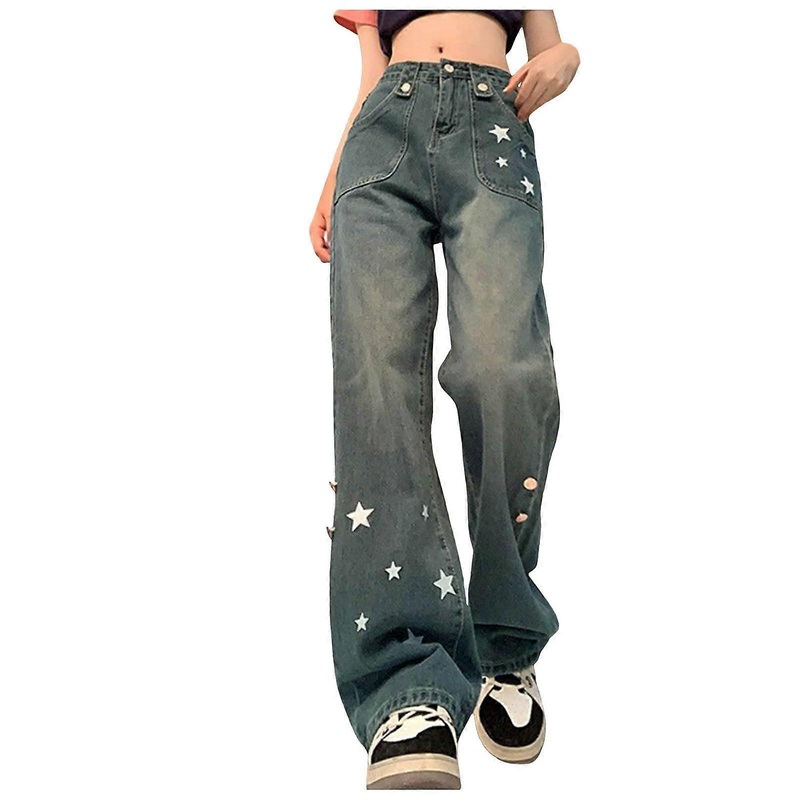 Baggy Jeans for Women Hip Hop Long Y2K Loose Straight Leg Denim Pants with Graffiti Print High Waist Cargohose Blue Size S