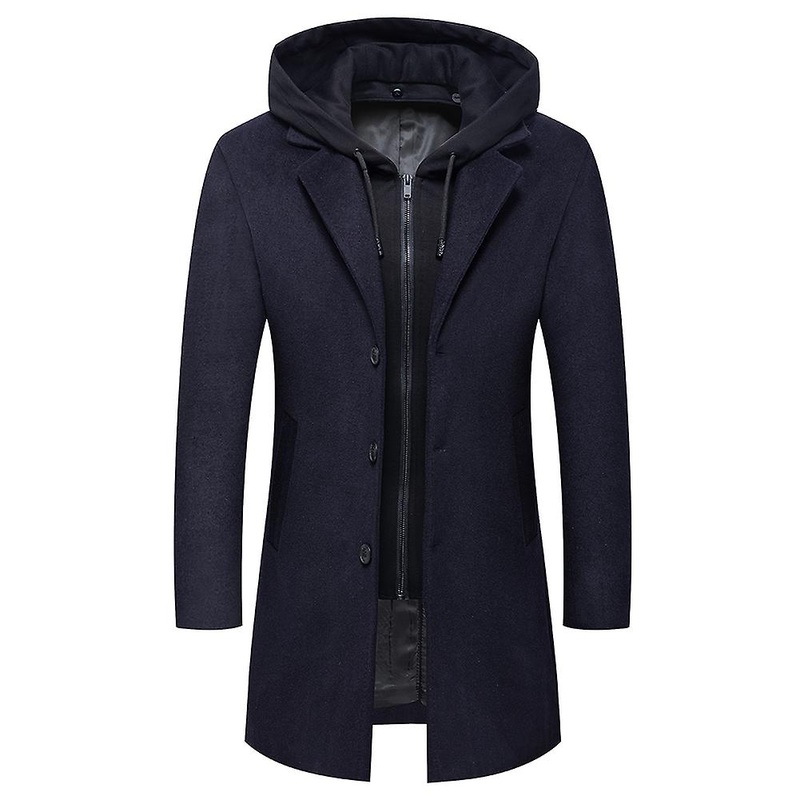 Cloudstyle Men’s Hooded Solid Color Mid Length Wool Coat