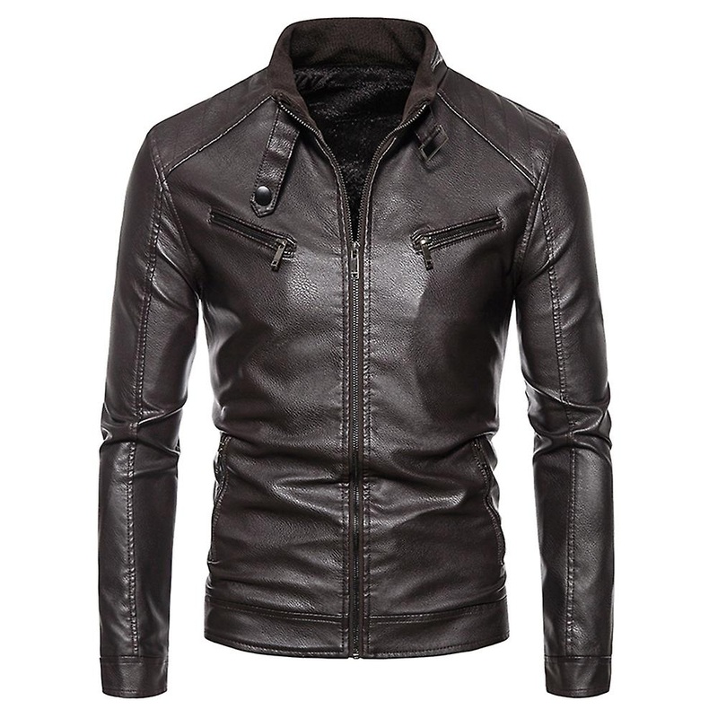 Cloudstyle Men’s Slim Solid Color Stand Collar Pu Leather Jacket
