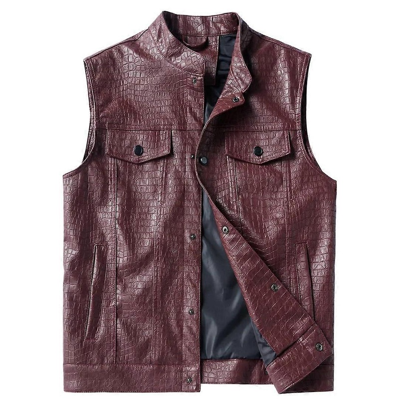 Men’s Classic Multi Pocket Leather Vest Solid Color Sleeveless  Jacket Riding Biker Vest Red Croc M, Red Crocodile Effect
