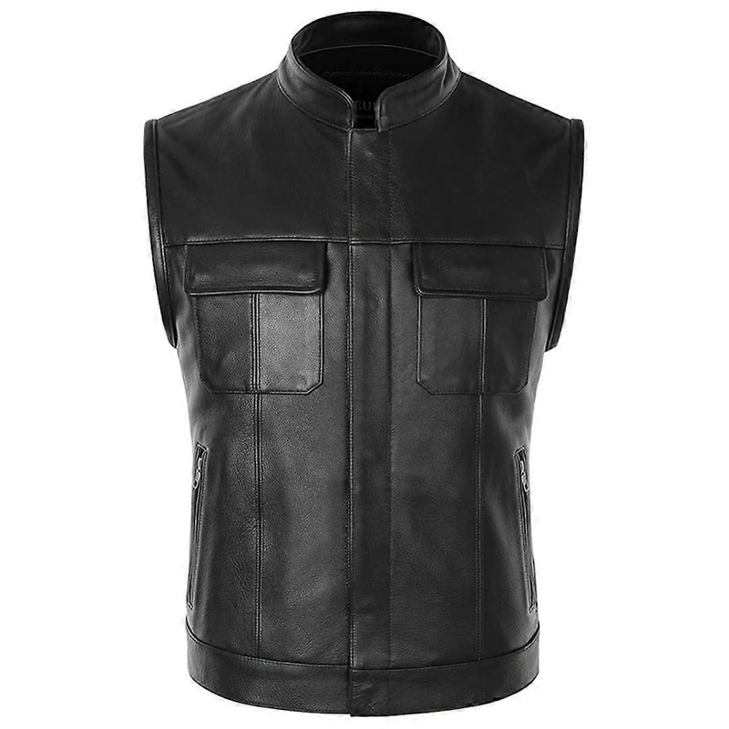Men’s Genuine Leather Motorcycle Biker Club Vest Cowhide Leather Sleeveless Stand-Up Collar 3XL Black
